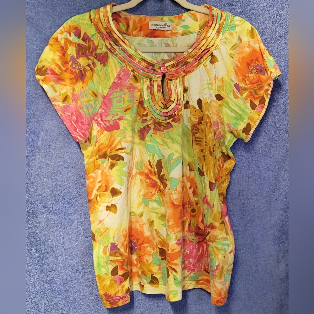 Caribbean Joe and Co. Floral Short Sleeve Top Womens Size XL
